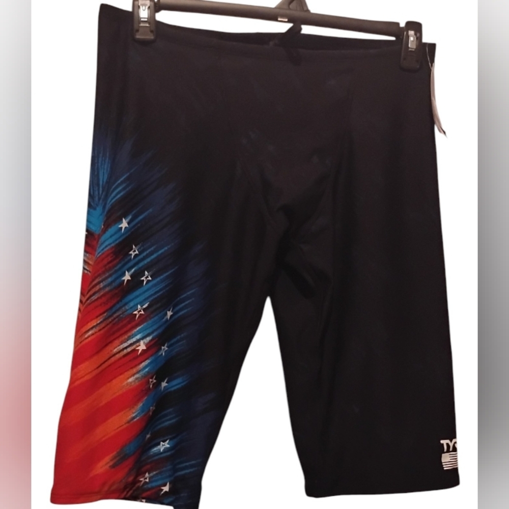 XL (38) TYR Men’s Black Swim Jammer with Red & Blue Feather Graphic